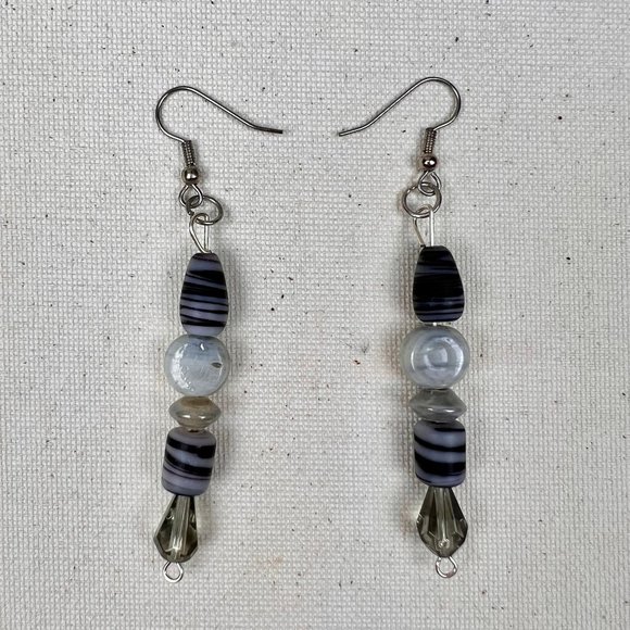 Boutique Handmade Black Striped Beaded Meteor Stacked Drop Earrings - Picture 1 of 4